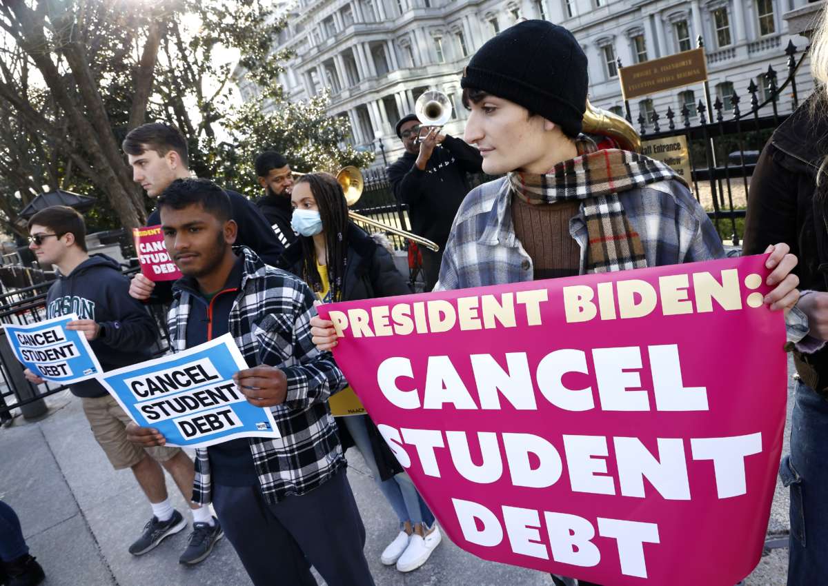 The Too Much Talent Band and local activists have a joyful protest of music and dancing outside of The White House to "Cancel Student Debt" on March 15, 2022, in Washington, D.C.