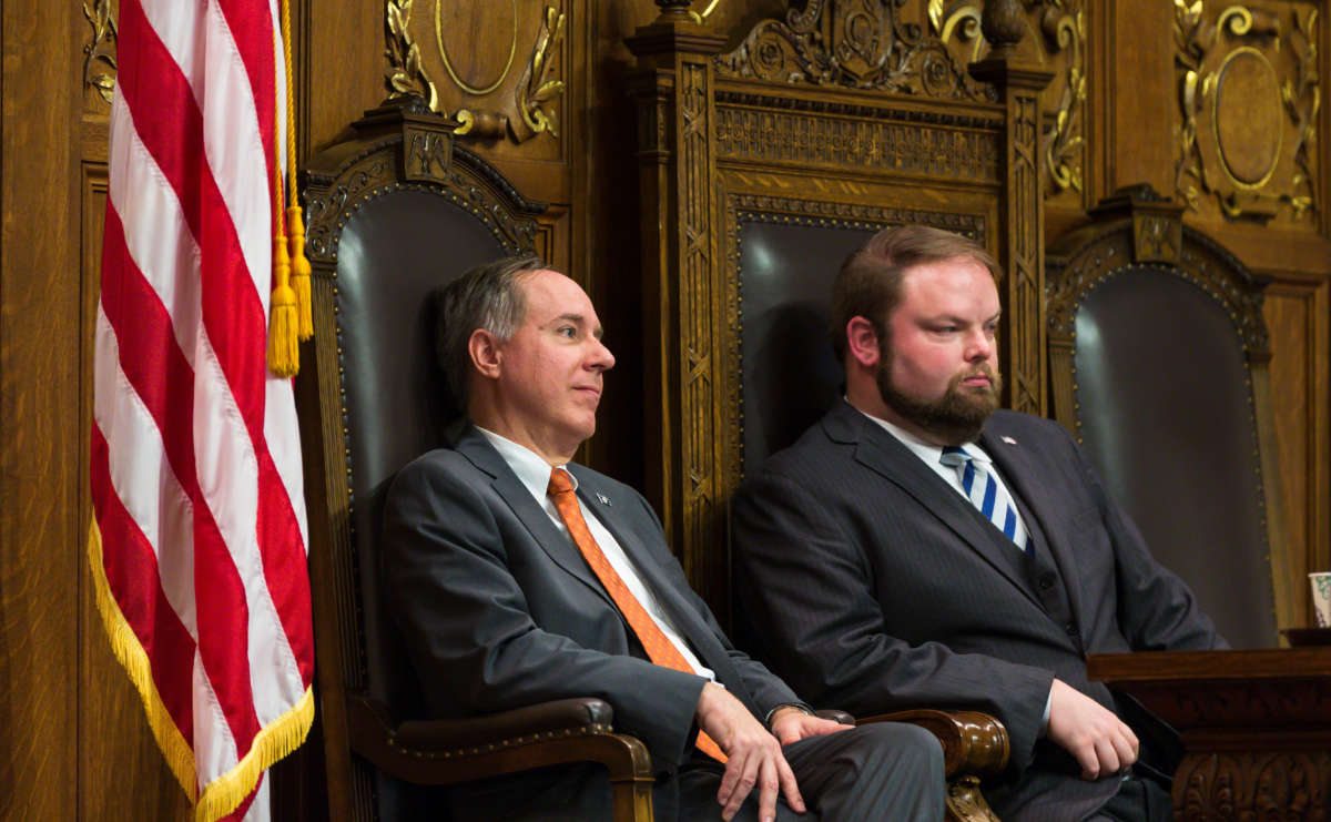 Wisconsin Assembly Speaker Robin Vos, left, and Speaker Pro Tempore Tyler August listen as Democrats address the Assembly during a legislative session on December 4, 2018, in Madison, Wisconsin.