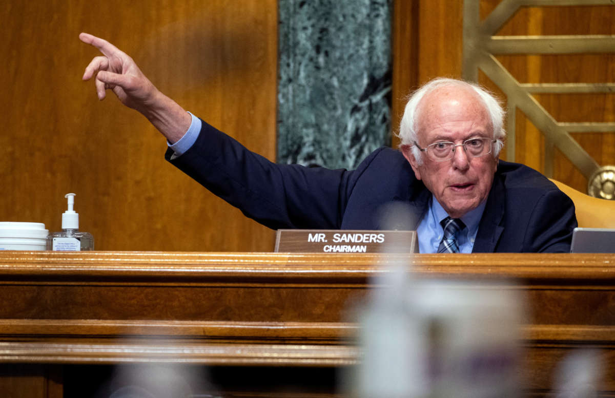 Sen. Bernie Sanders speaks during a Senate Budget Committee hearing June 8, 2021, on Capitol Hill in Washington, D.C.