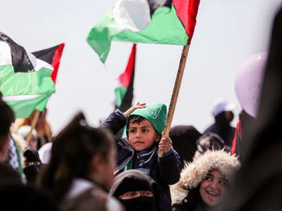 A little boy holds a Palestinian flag while on someone's shoulders at a rally