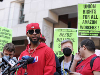 Union organizer Christian Smalls speaks following the April 1, 2022, vote for the unionization of the Amazon Staten Island warehouse in New York.