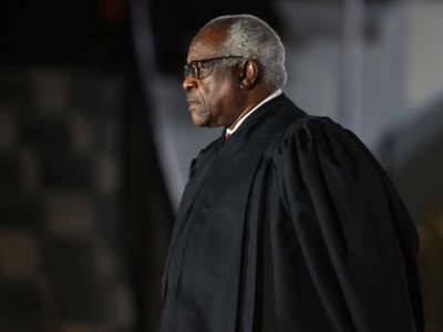 Supreme Court Associate Justice Clarence Thomas attends the ceremonial swearing-in ceremony for Amy Coney Barrett to be the U.S. Supreme Court Associate Justice on the South Lawn of the White House on October 26, 2020, in Washington, D.C.