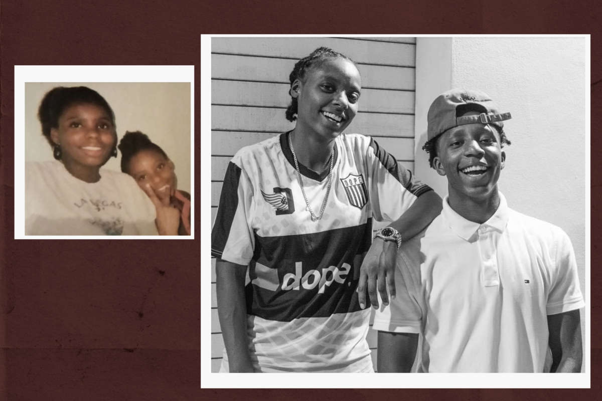 A collage of two photos: On the left, a photo of Kenyairra and her older sister Kenyonna English at her aunt Penny's house in 2008. This photo was taken just days after the burial of Kenyairra's older sister Stacia Davis who passed away from cancer. Kneyonna (left) wears black earrings and a white sweater. Kenyairra (right) leans her head onto her sisters' left shoulder while holding up a peace sign. They both have gentle smiles. On the right, a black and White photo of Kenyairra and her younger brother Hywel Bowman celebrating his high school graduation at the Radisson Inn located in Madison, WI Spring 2018. Her hair is in locs and is braided back. She wears a jersey that reads "dope" across the waist. Hywel is wearing a backwards baseball cap and a white polo shirt. Kenyairra (left) rests her elbow on her brother's right shoulder. Their smiles are big and joyous. This photo was taken just 5 months before Kenyairra would be charged for defending herself.