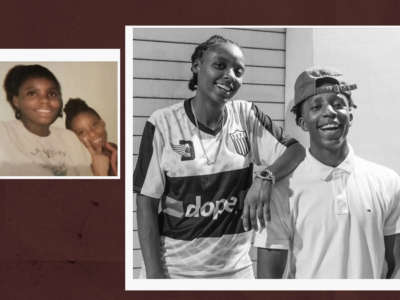 A collage of two photos: On the left, a photo of Kenyairra and her older sister Kenyonna English at her aunt Penny's house in 2008. This photo was taken just days after the burial of Kenyairra's older sister Stacia Davis who passed away from cancer. Kneyonna (left) wears black earrings and a white sweater. Kenyairra (right) leans her head onto her sisters' left shoulder while holding up a peace sign. They both have gentle smiles. On the right, a black and White photo of Kenyairra and her younger brother Hywel Bowman celebrating his high school graduation at the Radisson Inn located in Madison, WI Spring 2018. Her hair is in locs and is braided back. She wears a jersey that reads "dope" across the waist. Hywel is wearing a backwards baseball cap and a white polo shirt. Kenyairra (left) rests her elbow on her brother's right shoulder. Their smiles are big and joyous. This photo was taken just 5 months before Kenyairra would be charged for defending herself.
