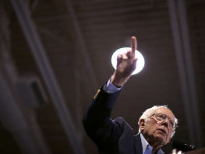 Sen. Bernie Sanders addresses supporters during a rally in the Batten Student Center on the campus of Virginia Wesleyan University on February 29, 2020, in Virginia Beach, Virginia.