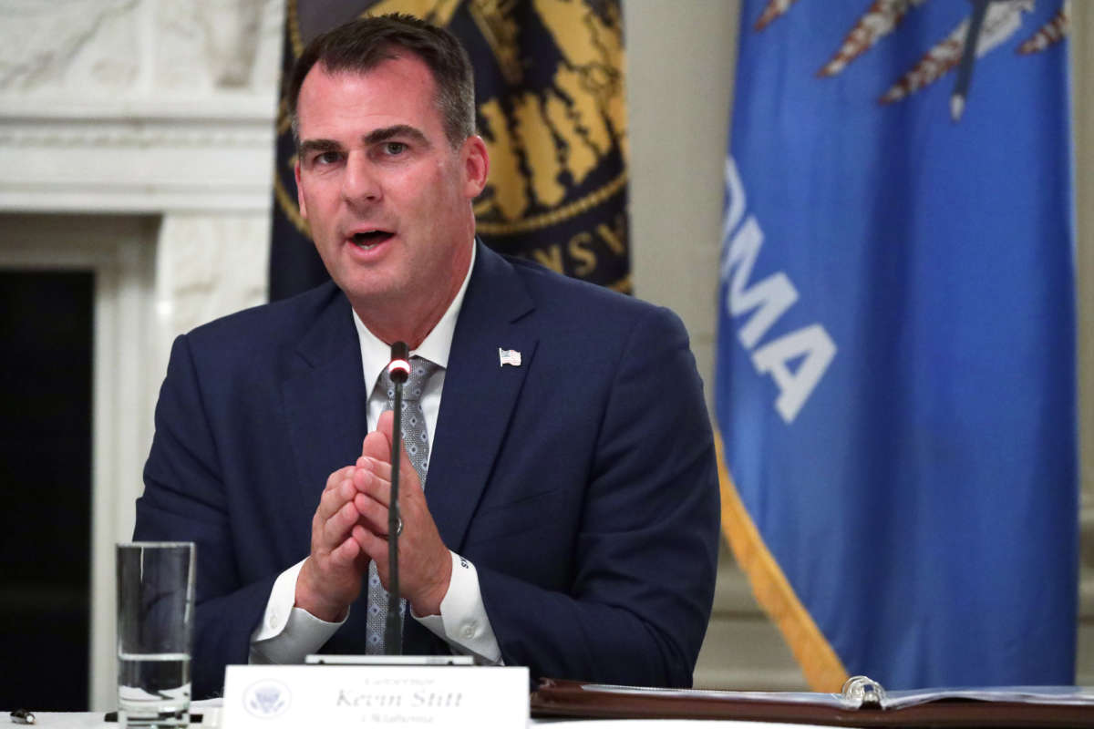 Gov. Kevin Stitt speaks during a roundtable at the State Dining Room of the White House on June 18, 2020, in Washington, D.C.