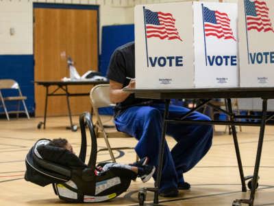 A boy in a child carrier looks at his father as he casts his ballot for the Democratic presidential primary election at a polling place in Armstrong Elementary School on March 3, 2020, in Herndon, Virginia.