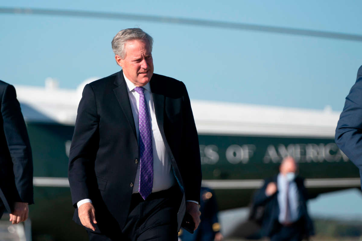 White House Chief of Staff Mark Meadows boards Air Force One on October 14, 2020, at Joint Base Andrews in Maryland.