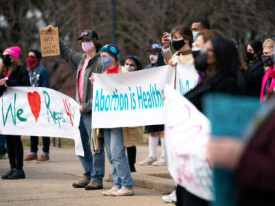 Demonstrators hold placards and banners during a press conference and protest by Democrats, who walked out during a debate on an anti-abortion bill in the House of Representatives in Columbia, South Carolina, on February 17, 2021.
