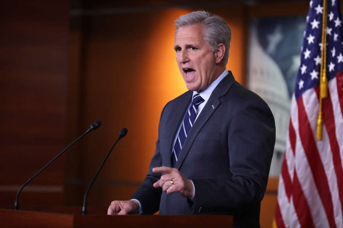 House Minority Leader Kevin McCarthy holds his weekly news conference at the U.S. Capitol on June 13, 2019, in Washington, D.C.