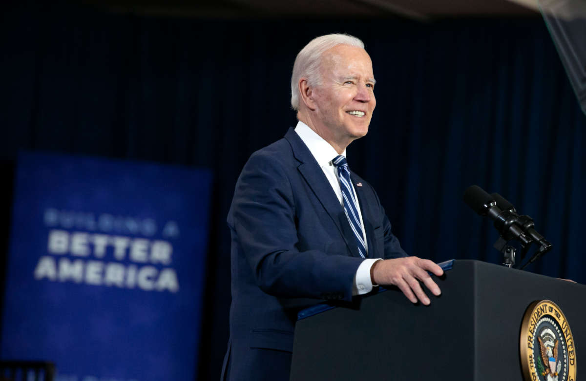 President Joe Biden speaks to guests during a visit to North Carolina Agricultural and Technical State University on April 14, 2022, in Greensboro, North Carolina.