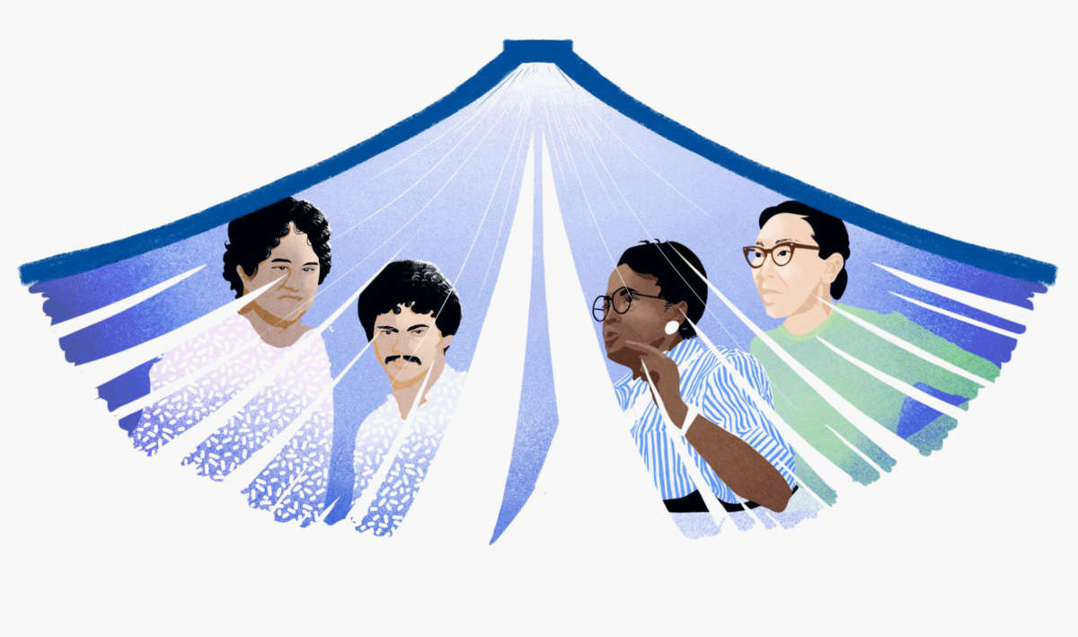 An illustration of late labor activists Silme Domingo, Gene Viernes, Dorothy Lee Bolden and Ah Quon McElrath within the pages of a book.