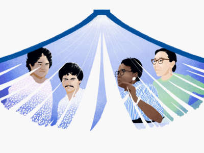 An illustration of late labor activists Silme Domingo, Gene Viernes, Dorothy Lee Bolden and Ah Quon McElrath within the pages of a book.