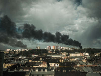 Smoke rises on the horizon following missile strikes on Lviv, Ukraine, by Russian forces on April 18, 2022.