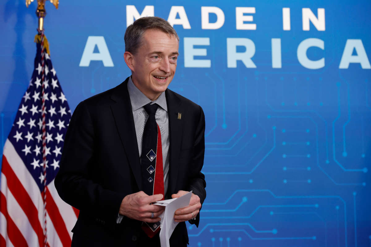 Intel CEO Patrick Gelsinger speaks in the South Court Auditorium of the Eisenhower Executive Office Building on January 21, 2022, in Washington, D.C. Gelsinger topped the Equilar 100 list with $177.9 million in total compensation in 2021.