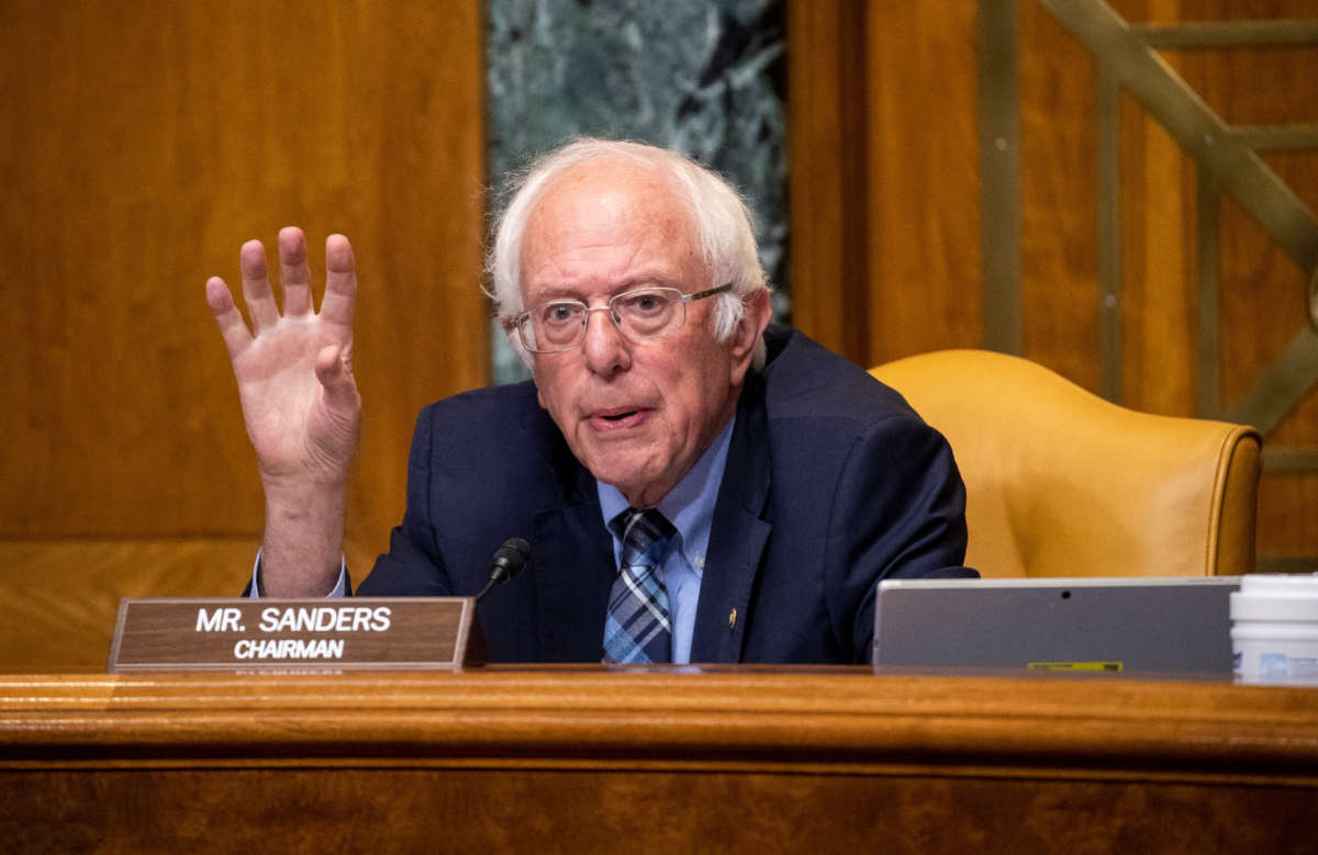 Chairman Sen. Bernie Sanders speaks during a Senate Budget Committee hearing on June 8, 2021, on Capitol Hill in Washington, D.C.