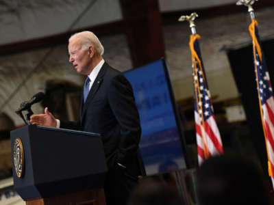 President Joe Biden speaks following a tour of the New Hampshire Port Authority in Portsmouth, New Hampshire, on April 19, 2022.