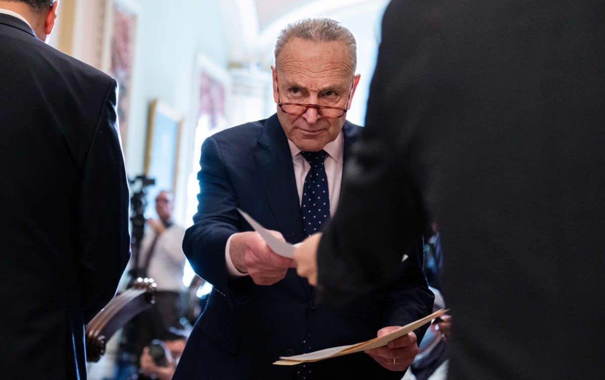 Senate Majority Leader Chuck Schumer conducts a news conference in the U.S. Capitol after the Senate luncheons on March 29, 2022.