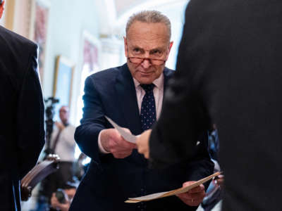 Senate Majority Leader Chuck Schumer conducts a news conference in the U.S. Capitol after the Senate luncheons on March 29, 2022.