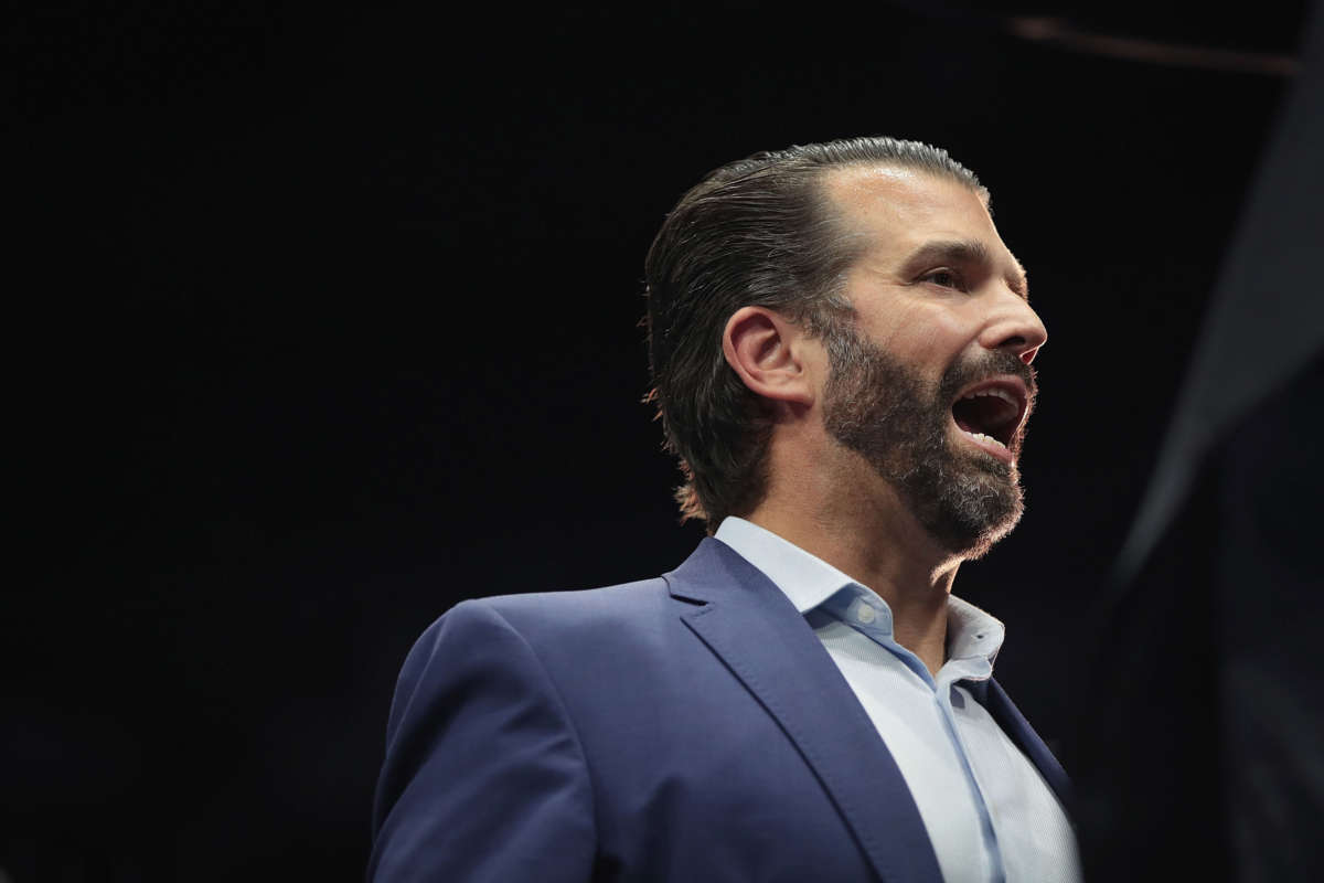 Donald Trump Jr. talks to the press during a rally at the Van Andel Arena on March 28, 2019, in Grand Rapids, Michigan.