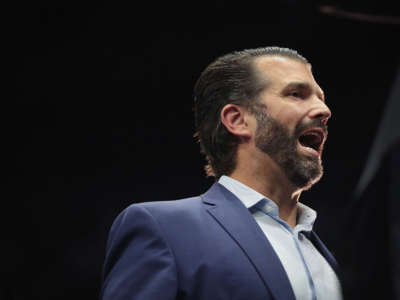 Donald Trump Jr. talks to the press during a rally at the Van Andel Arena on March 28, 2019, in Grand Rapids, Michigan.