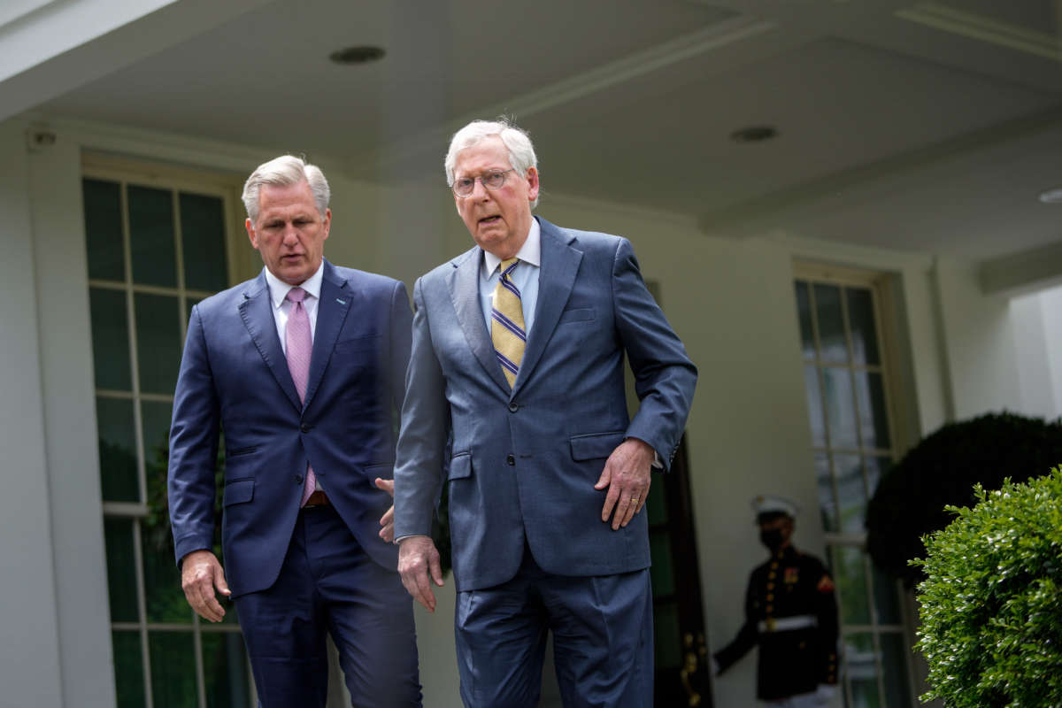 House Minority Leader Kevin McCarthy, left, and Senate Minority Leader Mitch McConnell exit the West Wing after their Oval Office meeting with President Joe Biden at the White House on May 12, 2021, in Washington, D.C.