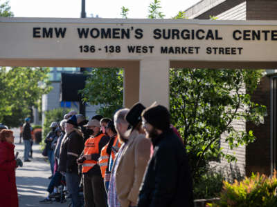 Anti-abortion demonstrators and clinic escorts stand in front of the EMW Womens Surgical Center, an abortion clinic, on May 8, 2021, in Louisville, Kentucky.