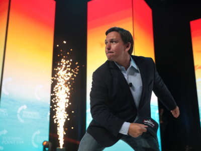 Gov. Ron DeSantis speaks with attendees at the 2021 Student Action Summit hosted by Turning Point USA at the Tampa Convention Center in Tampa, Florida, on July 18, 2021.