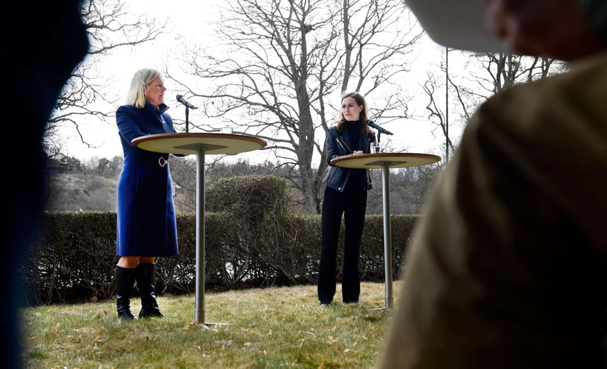 Swedish Prime Minister Magdalena Andersson, left, and Finnish Prime Minister Sanna Marin speak to the media prior to a meeting on whether to seek NATO membership, in Stockholm, Sweden, on April 13, 2022.