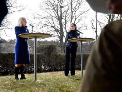 Swedish Prime Minister Magdalena Andersson, left, and Finnish Prime Minister Sanna Marin speak to the media prior to a meeting on whether to seek NATO membership, in Stockholm, Sweden, on April 13, 2022.