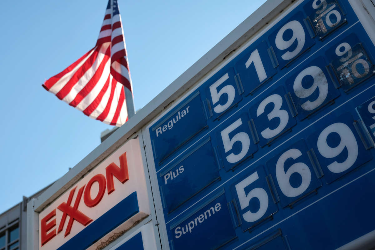 Prices for gas at an Exxon gas station on Capitol Hill are seen March 14, 2022, in Washington, D.C.