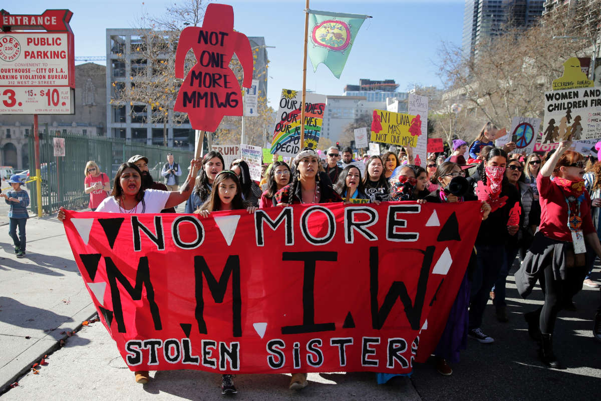 Activists march for missing and murdered Indigenous women at the Women's March California 2019 on January 19, 2019, in Los Angeles, California.