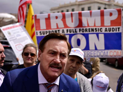 CEO of My Pillow, Inc. Mike Lindell speaks at a rally on the west steps of the Colorado state capitol in Denver, Colorado, on April 5, 2022.