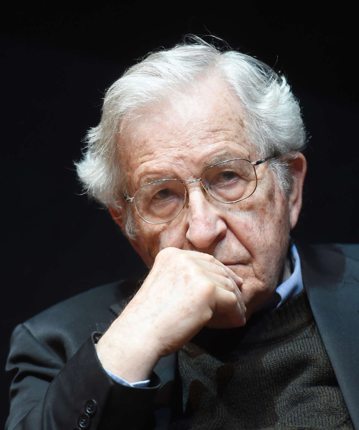 Noam Chomsky delivers a speech in the Center for Art and Media in Karlsruhe, Germany, on May 30, 2014.