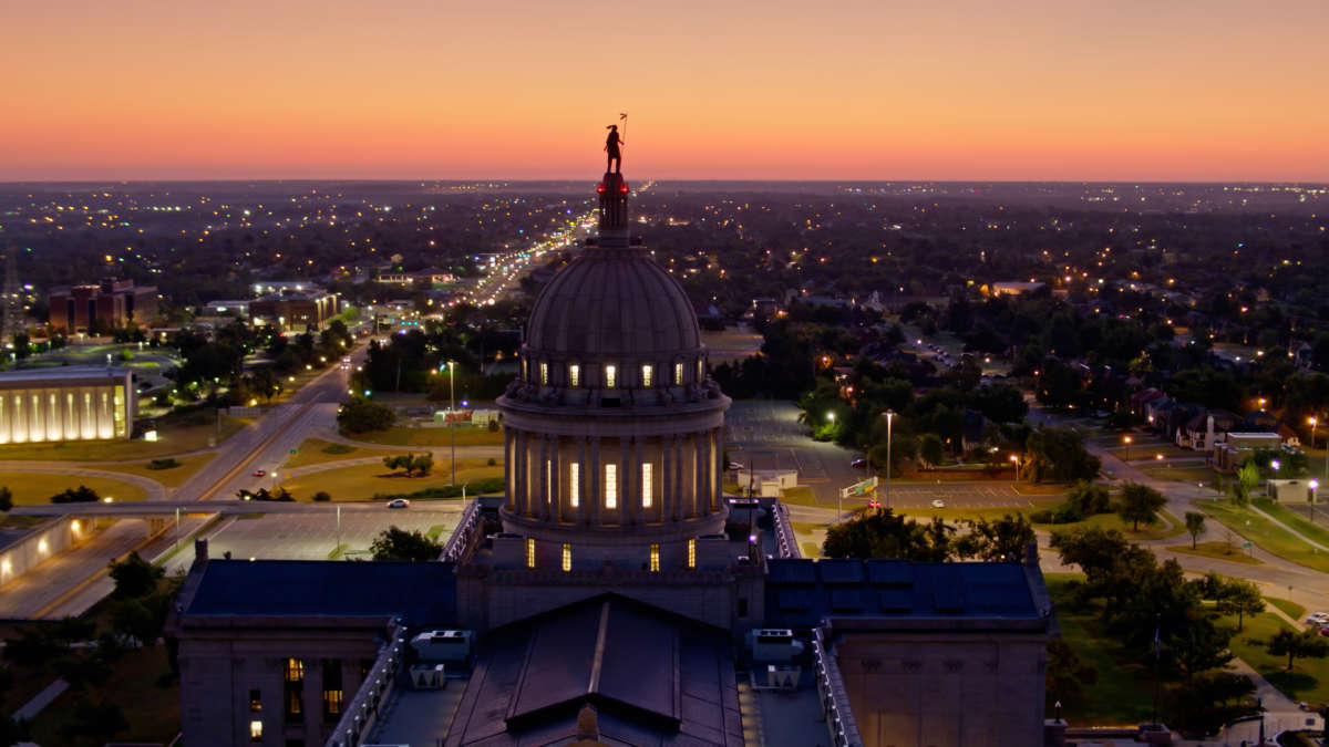 The Oklahoma State Capitol Building in Oklahoma City is pictured before sunrise.