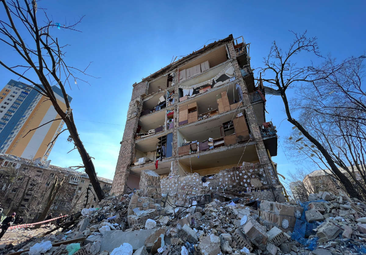 A destroyed residential building is seen in Podilskyi district of Kyiv, Ukraine, on March 19, 2022.
