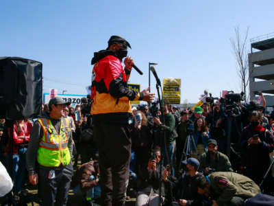 Amazon Labor Union leader Christian Smalls speaks during a rally outside the company building on April 24, 2022, in the Staten Island borough of New York City.