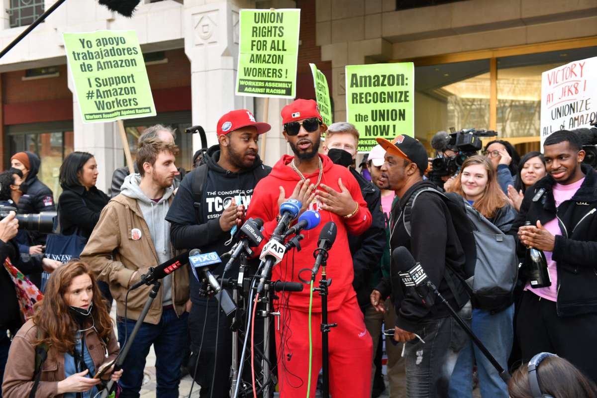 Amazon Labor Union organizer Christian Smalls speaks following the April 1, 2022, vote for the unionization of the Amazon Staten Island warehouse in New York.