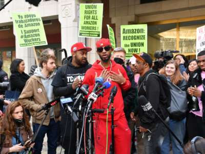 Amazon Labor Union organizer Christian Smalls speaks following the April 1, 2022, vote for the unionization of the Amazon Staten Island warehouse in New York.