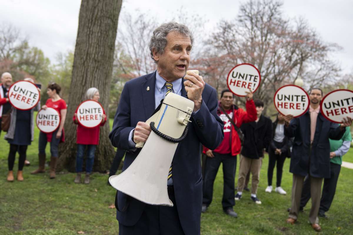 Sen. Sherrod Brown speaks at a rally on Capitol Hill with Senate cafeteria workers and UNITE HERE Local 23 and 25 union members, as funding was appropriated to protect their jobs on April 6, 2022.