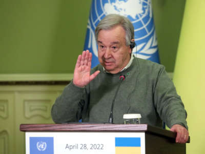 UN Secretary-General António Guterres partakes in a joint press conference with President Volodymyr Zelenskyy in Kyiv, Ukraine, on April 28, 2022.