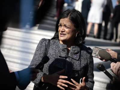 Chair of the Congressional Progressive Caucus Rep. Pramila Jayapal speaks with reporters outside the U.S. Capitol Building on November 18, 2021, in Washington, D.C.