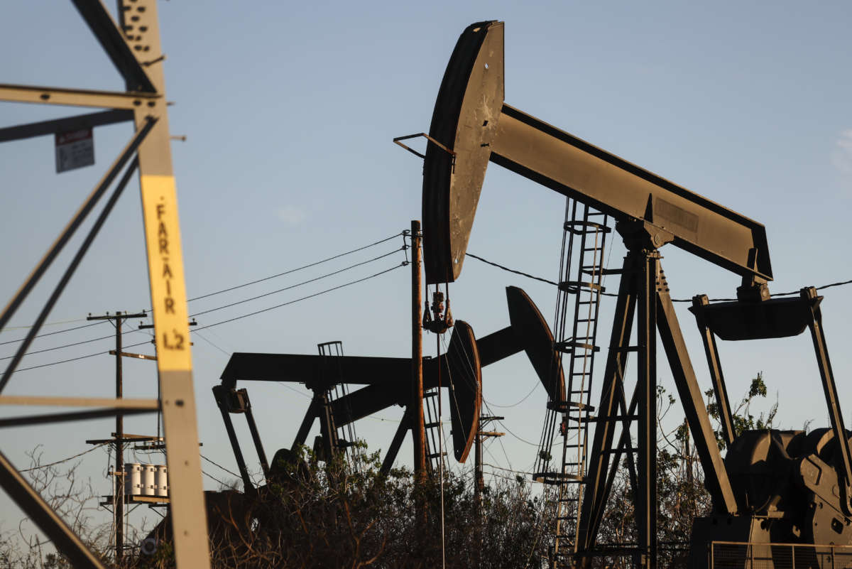 Oil pumpjacks operate in the Inglewood Oil Field on January 28, 2022, in Los Angeles, California.