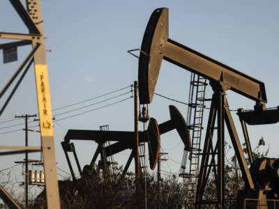 Oil pumpjacks operate in the Inglewood Oil Field on January 28, 2022, in Los Angeles, California.