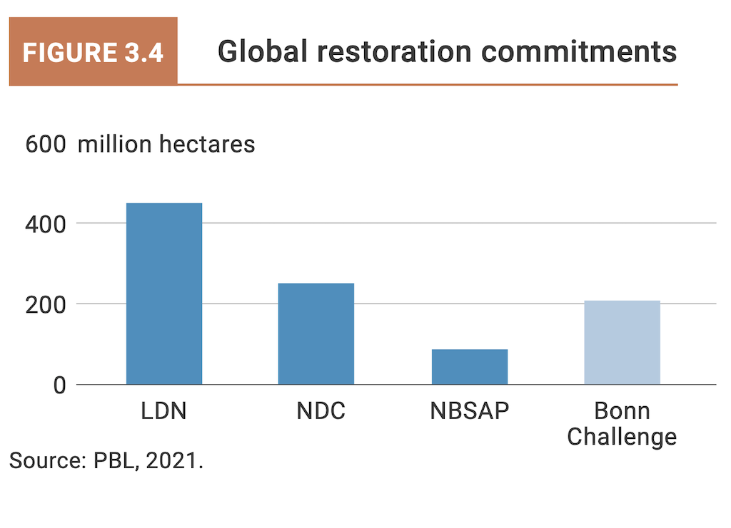 Global land restoration commitments under different UN conventions.