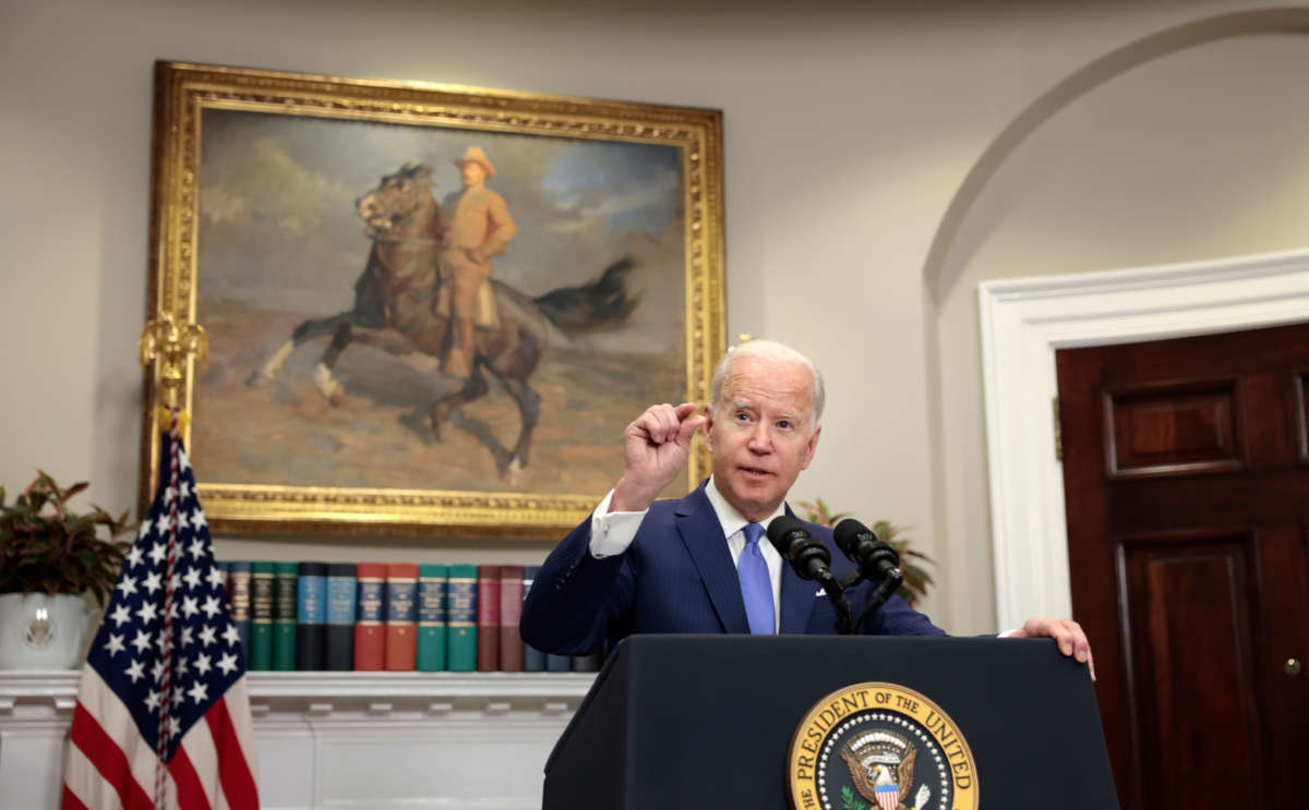 President Joe Biden gestures as he gives remarks on providing additional support to Ukraine’s war efforts against Russia from the Roosevelt Room of the White House on April 28, 2022, in Washington, D.C.