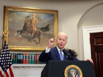 President Joe Biden gestures as he gives remarks on providing additional support to Ukraine’s war efforts against Russia from the Roosevelt Room of the White House on April 28, 2022, in Washington, D.C.