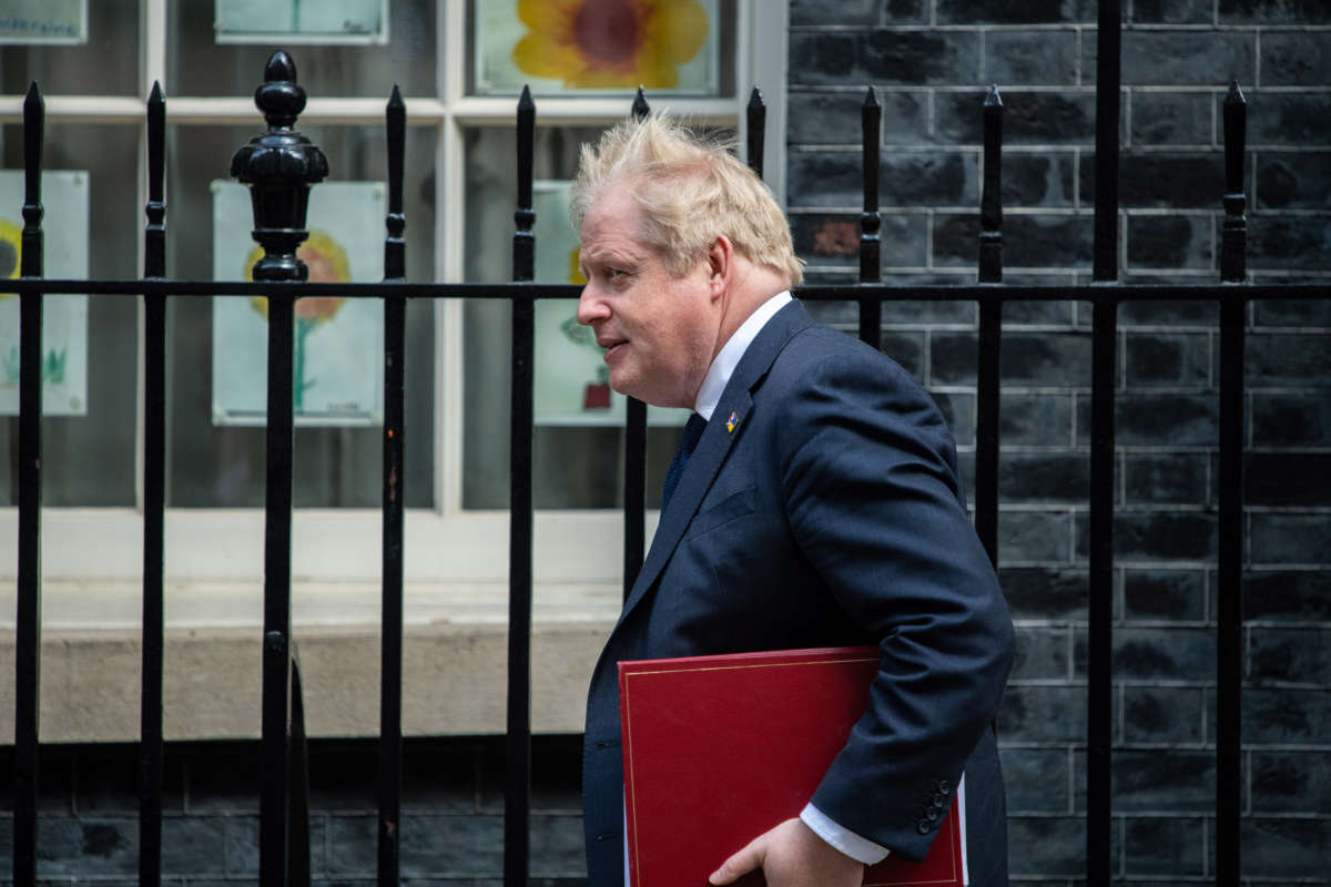 British Prime Minister Boris Johnson leaves 10 Downing Street on April 20, 2022, in London, England.