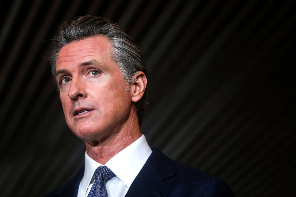 California Gov. Gavin Newsom speaks during a press conference at the Native American Health Center in Oakland, California, on December 22, 2021.