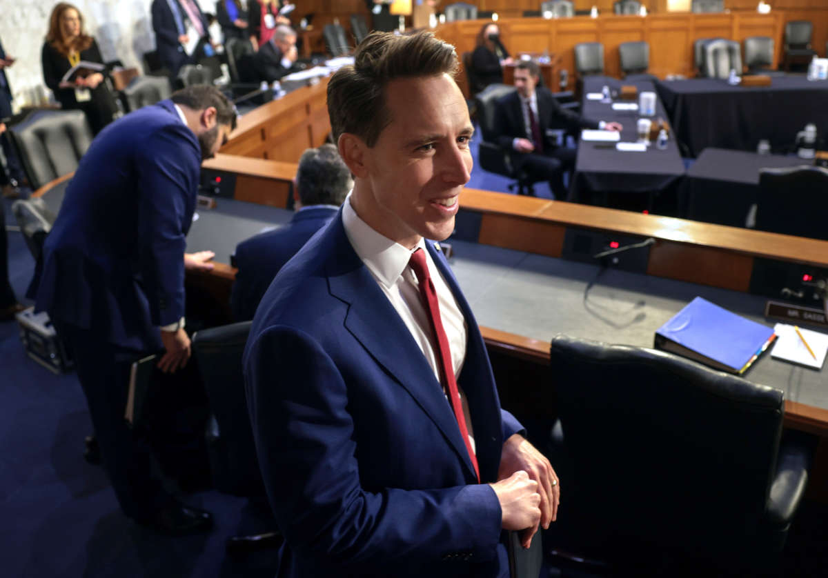Sen. Josh Hawley arrives at the Hart Senate Office Building on Capitol Hill on March 22, 2022, in Washington, D.C.